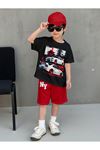 NY CAR Baskılı Pamuklu Çocuk Kırmızı Şort Siyah T-shirt Takım - Erkek Çocuk Yazlık Bisiklet Yaka