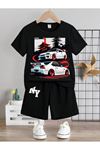 NY CAR Baskılı Pamuklu Çocuk Siyah Şort T-shirt Takım - Erkek Çocuk Yazlık Bisiklet Yaka