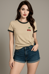 Kiraz Baskılı T-Shirt - Bej Gövde Füme Biyeli Oversize Bisiklet Yaka Kısa Kol Tişört 