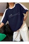 Leisure Future Parçalı Süprem T-Shirt - Lacivert Beyaz Oversize Bisiklet Yaka Kısa Kol Tişört
