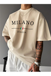 Erkek Oversize Milano Italia Baskılı Krem Tişört - Yazlık Şık Stil