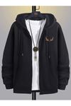 Boynuz Fermuarlı Hırka Sweatshirt - Siyah Baskılı Oversize Kışlık Kalın Kapüşonlu