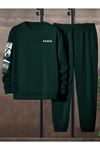 Paris Web Eşofman Takımı Sweatshirt Jogger - Nefti Yeşil Baskılı Oversize Şardonlu Bisiklet Yaka