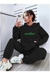 Carlson Eşofman Takımı Sweatshirt Jogger - Siyah Baskılı Oversize Şardonlu Kapüşonlu