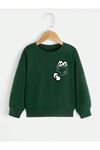 Panda Cep Pamuklu Çocuk Sweatshirt - Nefti Yeşil Baskılı Kız Erkek Çocuk Kışlık Bisiklet Yaka