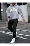 Los Angeles California Eşofman Takımı Gri Sweatshirt Siyah Jogger - Baskılı Oversize Kapüşonlu