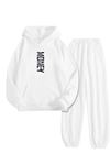 Beyaz Eşofman Takımı – Money Baskılı, Kapüşonlu Sweatshirt ve Jogger Pantolon