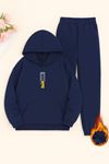 Unisex Lacivert Danger Baskılı Eşofman Kapüşon- Kışlık Şardonlu Kumaş
