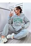 California West Coast Eşofman Takımı Sweatshirt Jogger - Gri Baskılı Oversize Şardonlu Kapüşonlu
