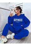 Happiness Eşofman Takımı Sweatshirt Jogger - Sax Mavi Baskılı Oversize Şardonlu Kapüşonlu