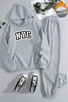 Unisex NYC Baskılı Kapüşonlu Gri Eşofman Takımı - Kışlık Şardonlu Kumaş