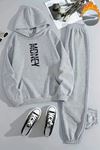 Unisex Money Baskılı Kapüşonlu Gri Eşofman Takımı - Kışlık Şardonlu Kumaş