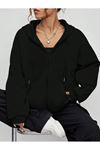 Baskısız Fermuarlı Hırka Sweatshirt - Siyah Oversize Kışlık Kalın Kapüşonlu