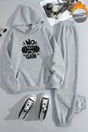 Unisex NO PAİN NO GAİN Baskılı Kapüşonlu Gri Eşofman Takımı - Kışlık Şardonlu Kumaş