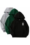 3'lü Kapüşonlu Sweatshirt Seti- Minimal Run Baskılı- Siyah, Nefti Yeşili, Gri- Kışlık Şardonlu Kumaş