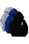 3'lü Kapüşonlu Sweatshirt Seti- Minimal Run Baskılı- Siyah, Saks Mavi, Gri - Kışlık Şardonlu Kumaş
