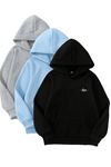 3'lü Kapüşonlu Sweatshirt Seti- Minimal Hope Baskılı- Siyah, Bebe Mavi, Gri - Kışlık Şardonlu Kumaş