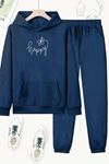 Unisex Lacivert HAPPY Baskılı Eşofman Kapüşon- Kışlık Şardonlu Kumaş