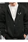 Geyik Boynuz Fermuarlı Hırka Sweatshirt - Siyah Baskılı Oversize Kışlık Kalın Kapüşonlu