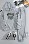Unisex 1817 MICHIGAN Baskılı Kapüşonlu Gri Eşofman Takımı - Kışlık Şardonlu Kumaş