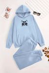 Unisex Kapüşonlu BebeMavi Eşofman Takımı GOOD VİBES CAT Baskılı- Kışlık Şardonlu Kumaş
