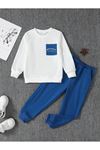 California Pamuk Çocuk Takım - Beyaz Sweatshirt Sax Jogger Baskılı Kız Erkek Çocuk Bisiklet Yaka