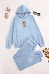 Unisex Kapüşonlu BebeMavi Eşofman Takımı NYC AYICIK Baskılı- Kışlık Şardonlu Kumaş