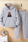 Çocuk Gri Kapüşonlu Eşofman Takımı Şardonlu Kumaş Kışlık İkili Set - Gözlüklü Kedi Baskılı