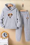 Çocuk Gri Kapüşonlu Eşofman Takımı Şardonlu Kumaş Kışlık İkili Set - Fermuar Köpek Baskılı