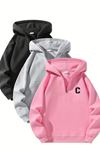 Unisex Fermuarlı Kapüşonlu Oversize C Baskılı Sweatshirt – Siyah / Gri / Pembe