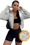 Gri Kadın Crop Fermuarlı Kapüşonlu Sweatshirt