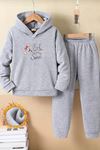 Çocuk Gri Kapüşonlu Eşofman Takımı Şardonlu Kumaş Kışlık İkili Set - Little Sweet Baskılı