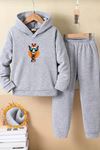 Çocuk Gri Kapüşonlu Eşofman Takımı Şardonlu Kumaş Kışlık İkili Set - Gözlüklü Zürafa Baskılı
