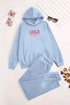 Unisex Kapüşonlu BebeMavi Eşofman Takımı COLD UNİVERSİTY Baskılı- Kışlık Şardonlu Kumaş