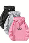 Unisex Fermuarlı Kapüşonlu Oversize Gülücük Tasarım Baskılı Sweatshirt – Siyah / Gri / Pembe
