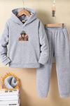 Çocuk Gri Kapüşonlu Eşofman Takımı Şardonlu Kumaş Kışlık İkili Set - Gözlüklü Maymun Baskılı