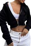 Siyah Kadın Crop Fermuarlı Kapüşonlu Sweatshirt