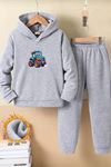 Çocuk Gri Kapüşonlu Eşofman Takımı Şardonlu Kumaş Kışlık İkili Set - Minik Traktör Baskılı