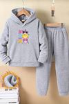 Çocuk Gri Kapüşonlu Eşofman Takımı Şardonlu Kumaş Kışlık İkili Set - MEOW Kedicikler Baskılı