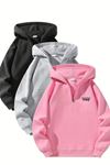 Unisex Fermuarlı Kapüşonlu Oversize Tasarım Baskılı Sweatshirt – Siyah / Gri / Pembe