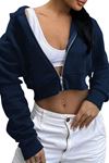 Lacivert Kadın Crop Fermuarlı Kapüşonlu Sweatshirt