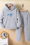 Çocuk Gri Kapüşonlu Eşofman Takımı Şardonlu Kumaş Kışlık İkili Set - Aloha Mavi Çiçek Baskılı