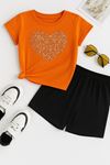 Kalp Pamuk Çocuk Takım - Turuncu T-shirt Siyah Şort Baskılı Kız Erkek Çocuk Yazlık Bisiklet Yaka