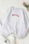 Unisex Beyaz BOSTON KIRMIZI Baskılı Bisiklet Yaka Sweatshirt- Kışlık Şardonlu Kumaş