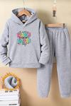 Çocuk Gri Kapüşonlu Eşofman Takımı Şardonlu Kumaş Kışlık İkili Set - Renkli Reason Smiles Baskılı