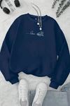 Unisex Lacivert LOVE ÇİÇEK Baskılı Bisiklet Yaka Sweatshirt- Kışlık Şardonlu Kumaş