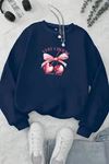 Unisex Lacivert VERY CHERRY Baskılı Bisiklet Yaka Sweatshirt- Kışlık Şardonlu Kumaş