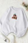 Unisex Beyaz MAYMUN Baskılı Bisiklet Yaka Sweatshirt- Kışlık Şardonlu Kumaş