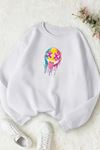 Unisex Beyaz RENKLİ EMOJİ Baskılı Bisiklet Yaka Sweatshirt- Kışlık Şardonlu Kumaş