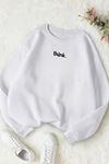Unisex Beyaz MİNİMAL THİNK Baskılı Bisiklet Yaka Sweatshirt- Kışlık Şardonlu Kumaş